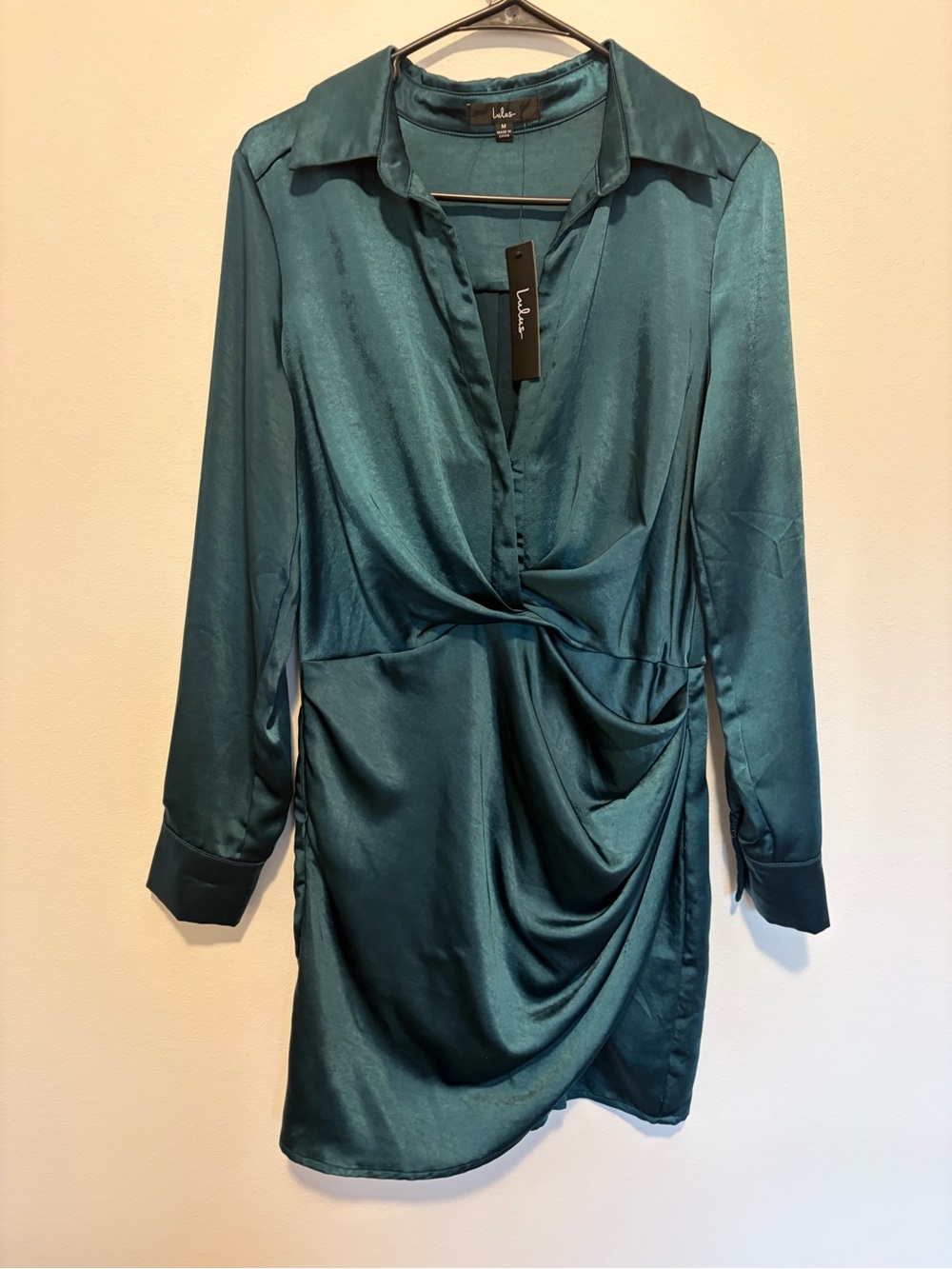 Lulu's Teal Satin Twist-Front Long Sleeve Dress
